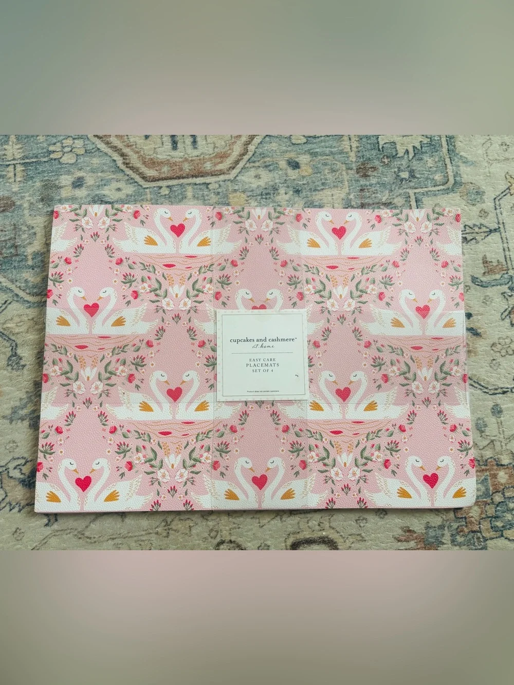 cupcakes & cashmere Pink Swan Placemat Set - Floral Heart Motif